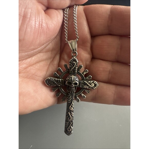 Viking Gothic Cross Skull Pendant 24” Chain Stainless Steel Gift Men’s Punk - Picture 5 of 6